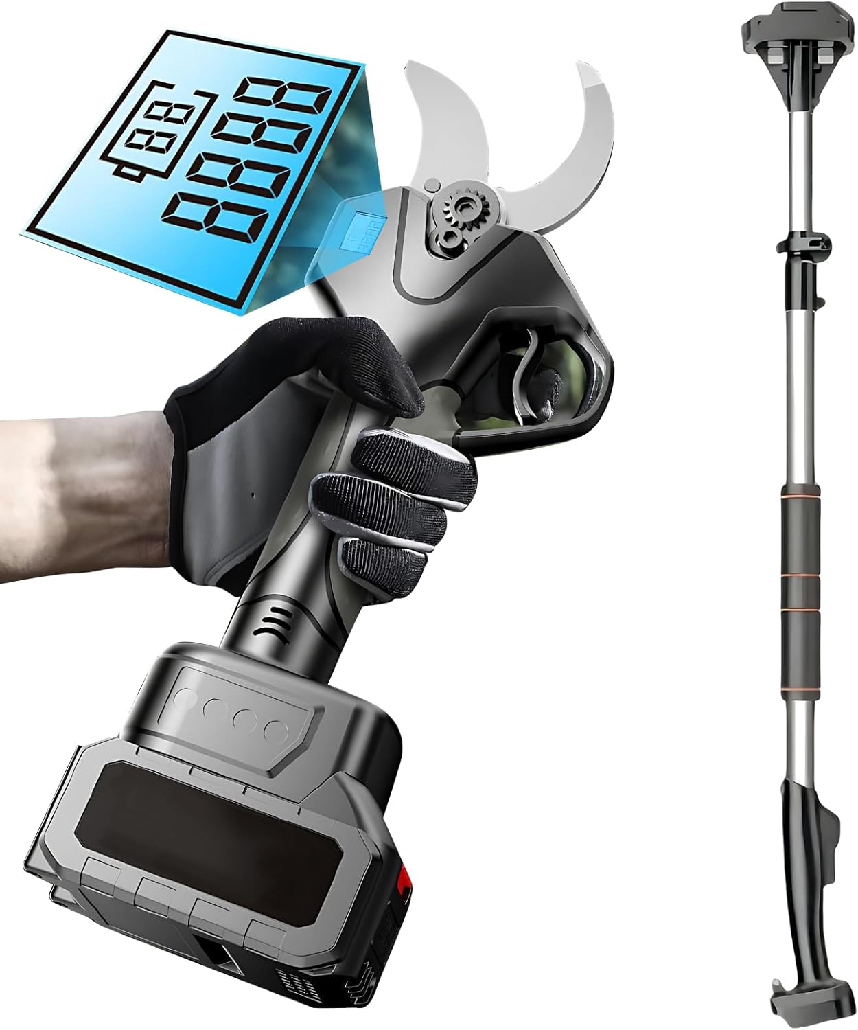 Brushless Electric Pruning Shears with Pole Pruner, 21V Cordless 2-in-1 System, 40mm Cutting Diameter, 7FT Reach, LCD Display, Lithium Battery for Branches 1battery