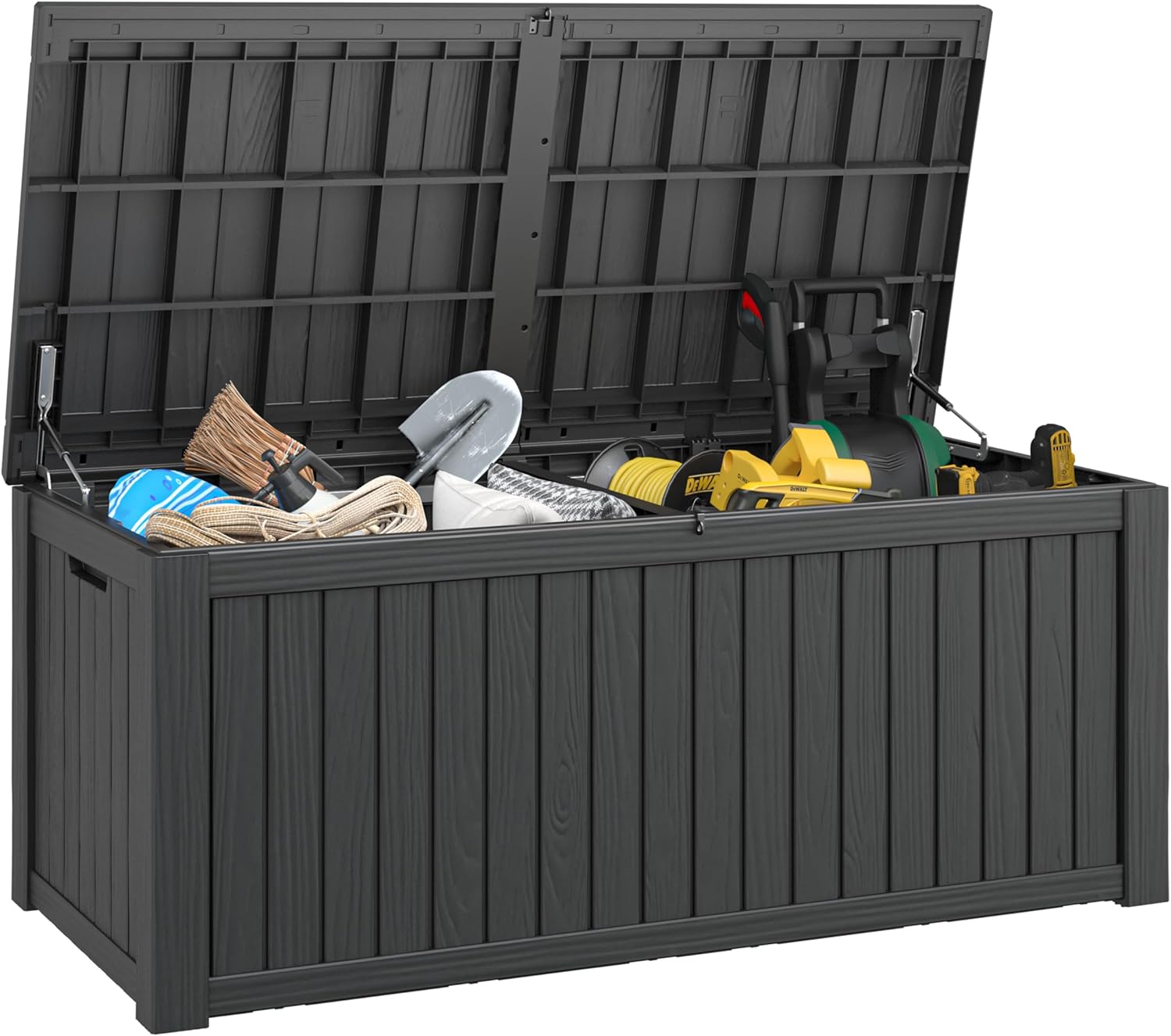 NUNU LAB 180 Gallon Outdoor Storage Box, Large Resin Deck Box with Double Wall Panels, Waterproof Patio Storage Bin for Garden Tools, Pool Accessories, Package Deliveries & Outdoor Gear,Black