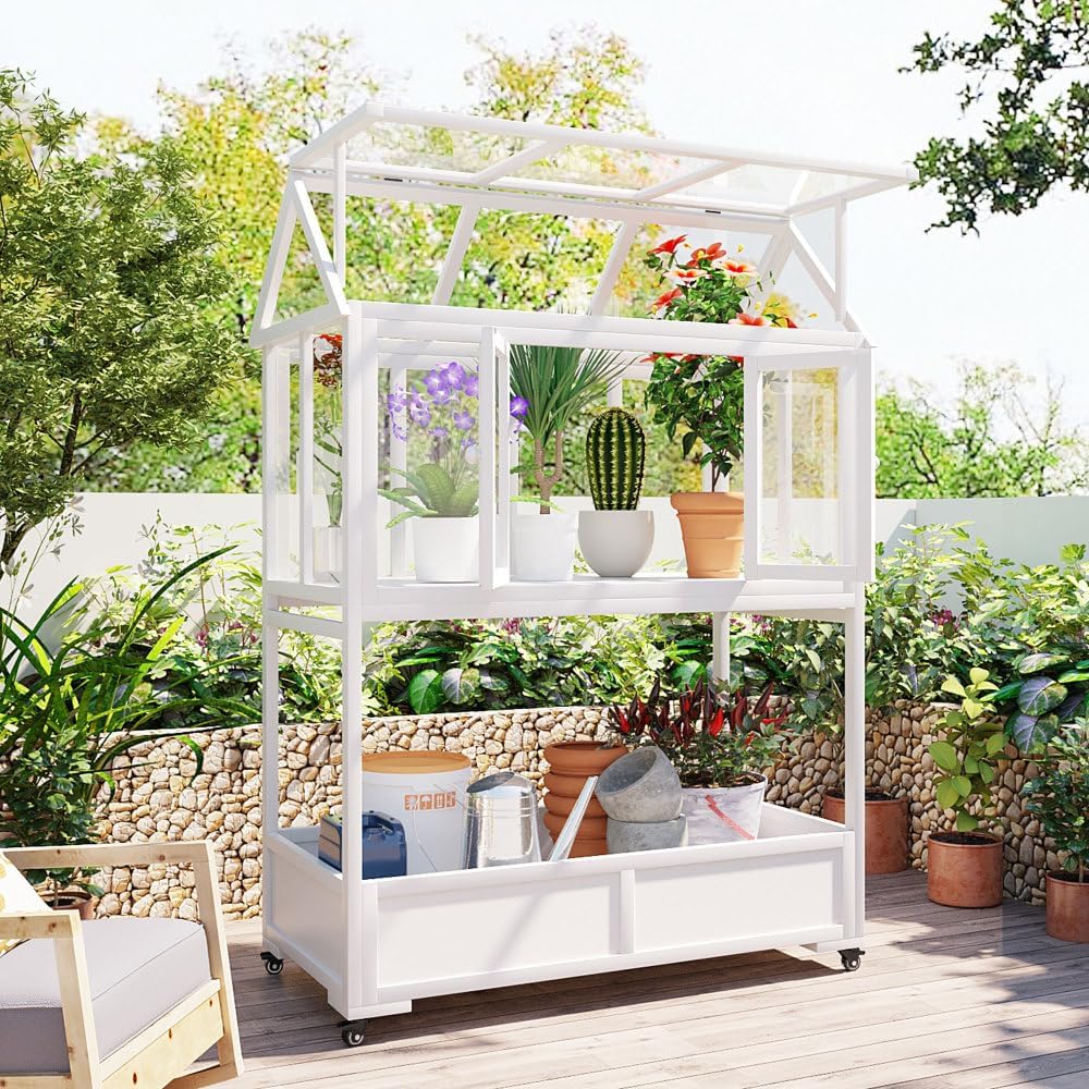 Garden Wood Greenhouse ,Portable Cold Frame with Movable Wheels Mini Openable Roof and Storage Box (White)