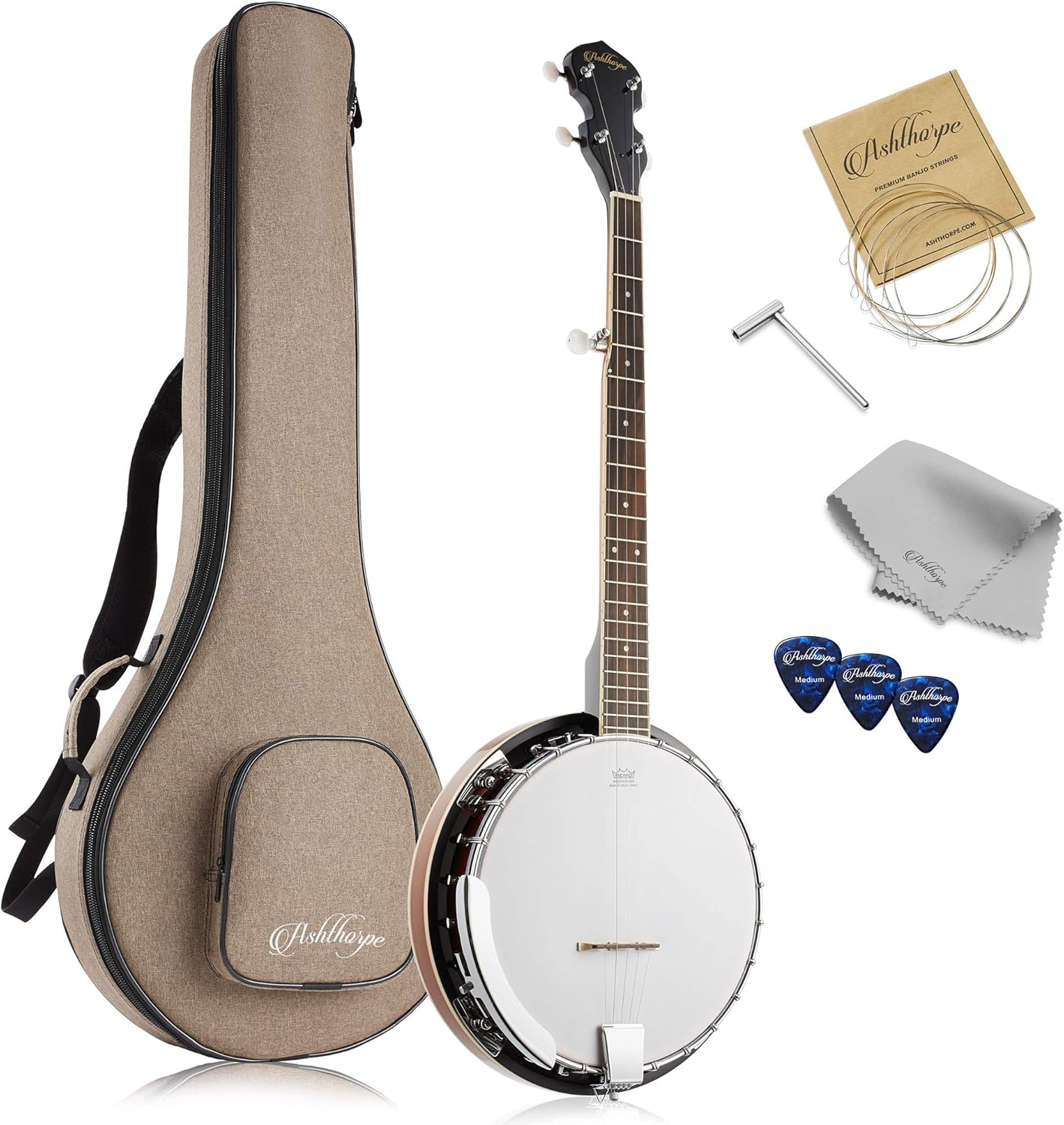 Ashthorpe 5-String Banjo - Full Size with 24 Brackets, Closed Back, Mahogany Resonator, Geared 5th Tuner, Padded Gig Bag