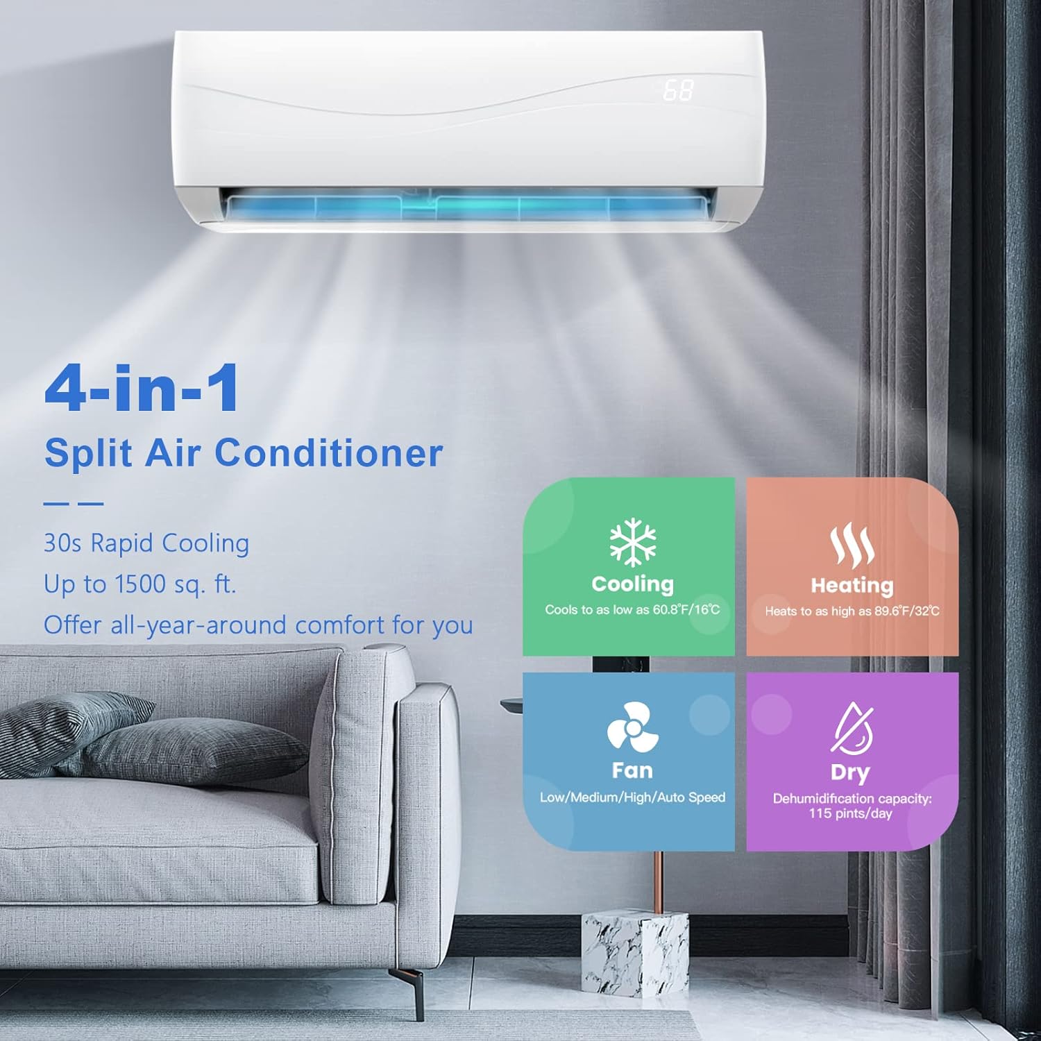 ARLIME Mini Split AC/Heating System, 23000 BTU 18.5 SEER2 Energy Saving Split Air Conditioner w/2 Ton Heat Pump & Installation Kit, Washable Filter, Ductless AC Unit Cools Up to 1500 Sq.ft, 230V