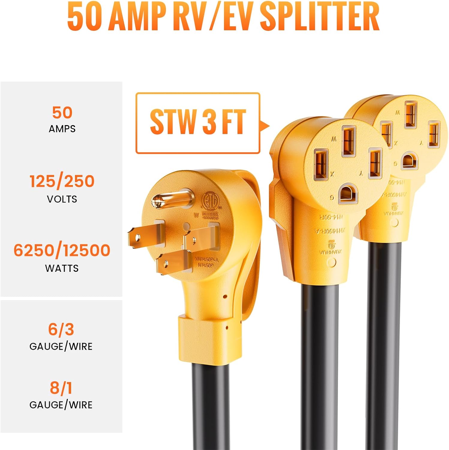 50 Amp Y Splitter for RV EV Charging ETL Listed, NEMA 14-50P to 2X 14-50R RV Adapter Power Cord, NEMA L14-30P to 14-50R RV Generator Adapter 30 Amp to 50 Amp Twist Locking Generator Adapter for EV RV