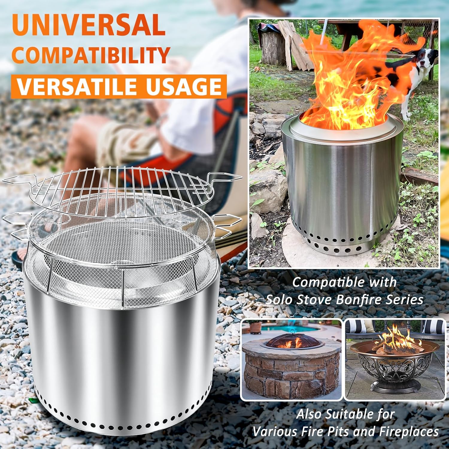 Hisencn Shield for Solo Stove Yukon 27 Inch, 304 Stainless Steel Fire Pit Spark Protector Screen & Grill Cooking Grate & Fire Pit Stand for Fireplace with Two Guild Sticks