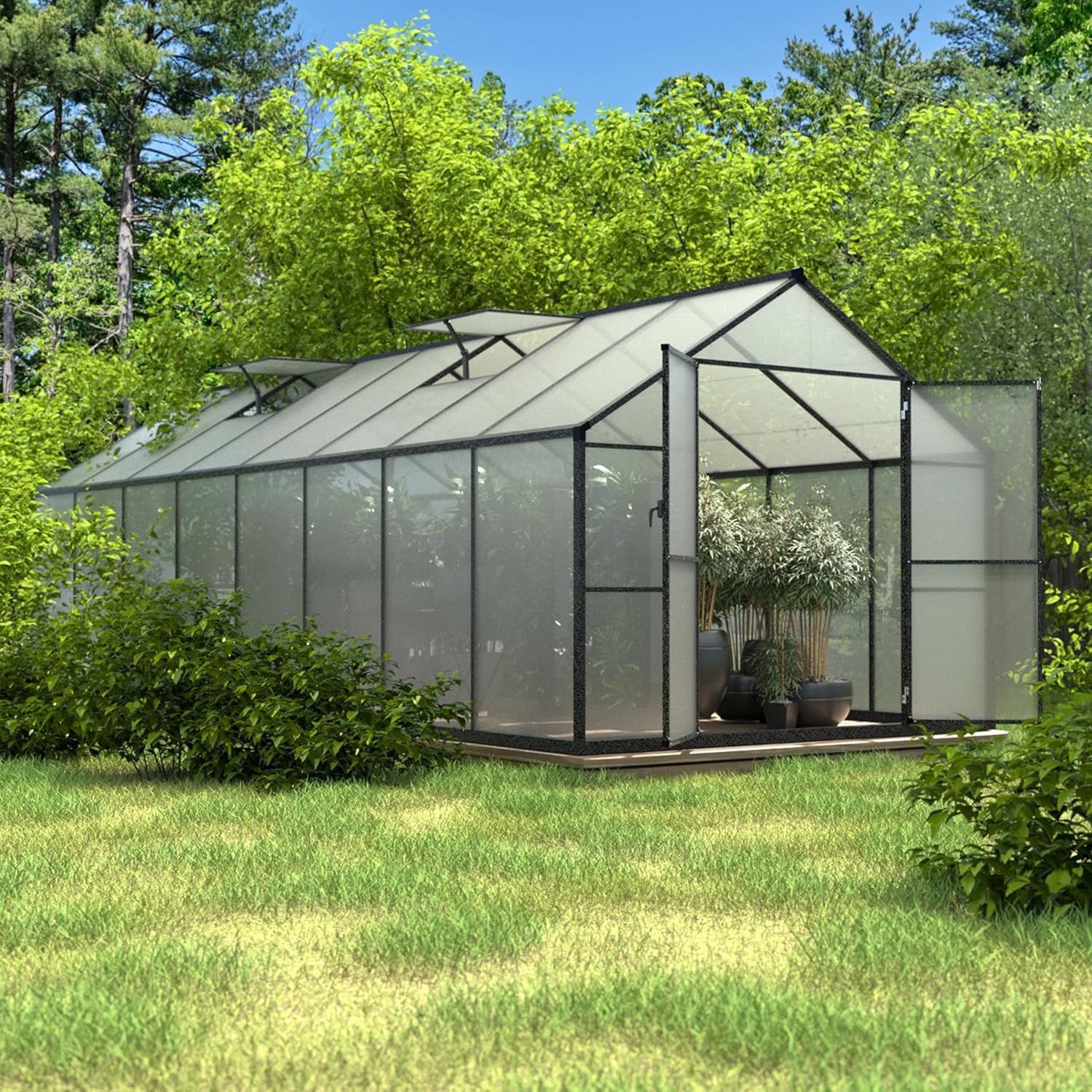 VEIKOU 8' x 16' Polycarbonate Greenhouse for Outdoors, Walk-in Green House with 2 Vents, Aluminum Frame, Riveted Structure, Greenhouse Kit for Outdoor Backyard, Garden, Gray