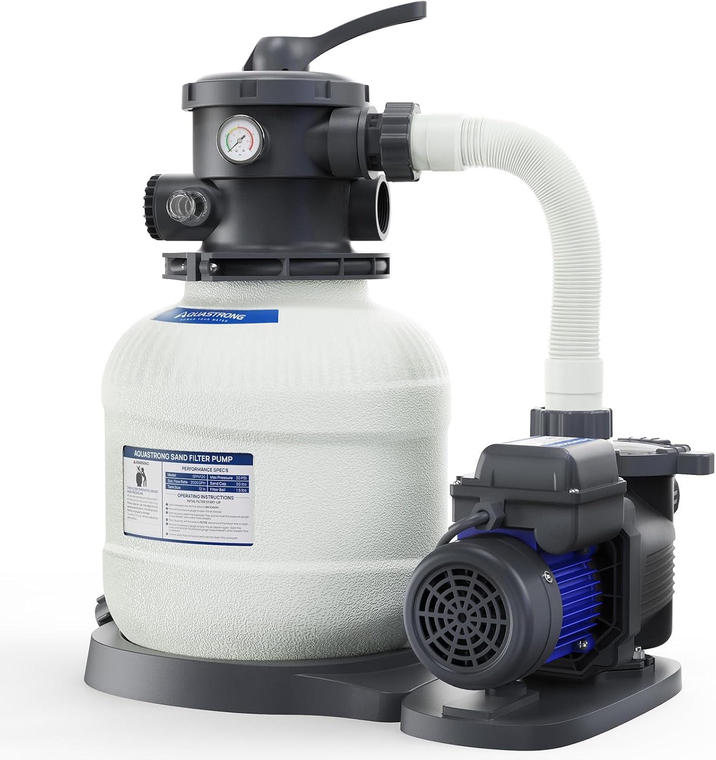 AQUASTRONG Sand Filter Pump for Above Ground Pool with Timer, 1/2 HP Pool Pumps Above Ground 2500 GPH for Pools up to 9000GAL, 12in Pool Sand Filter with 6-Way Valve, Improved Circulation & Filtration