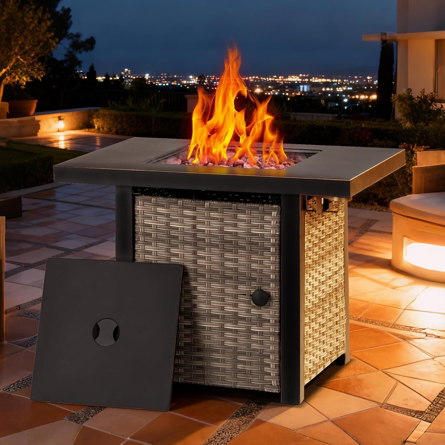32 Inch Propane Fire Pit Table, Outdoor Gas Fire Pits with 2 Drink Holders, Lid & Lava Rock, 50000 BTU Firepit Table for Dinning, Party in Outside, Patio, Garden or Yard