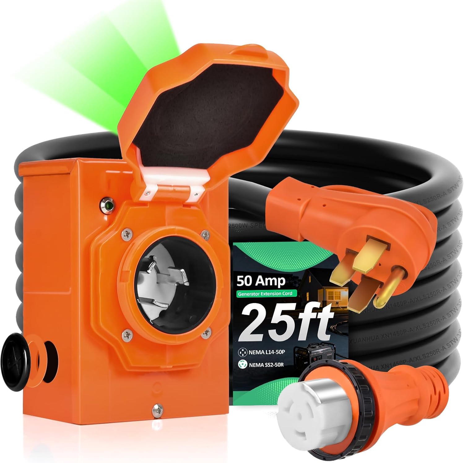 H HZXVOGEN 50 Amp Generator Cord and Power Inlet Box Kit, 25FT RV Extension Cord NEMA 14-50P/SS2-50R STW 6/3+8/1 AWG Power Cord with Pre-Drilled Generator Inlet Box Twist Lock Connector, UL&ETL Listed