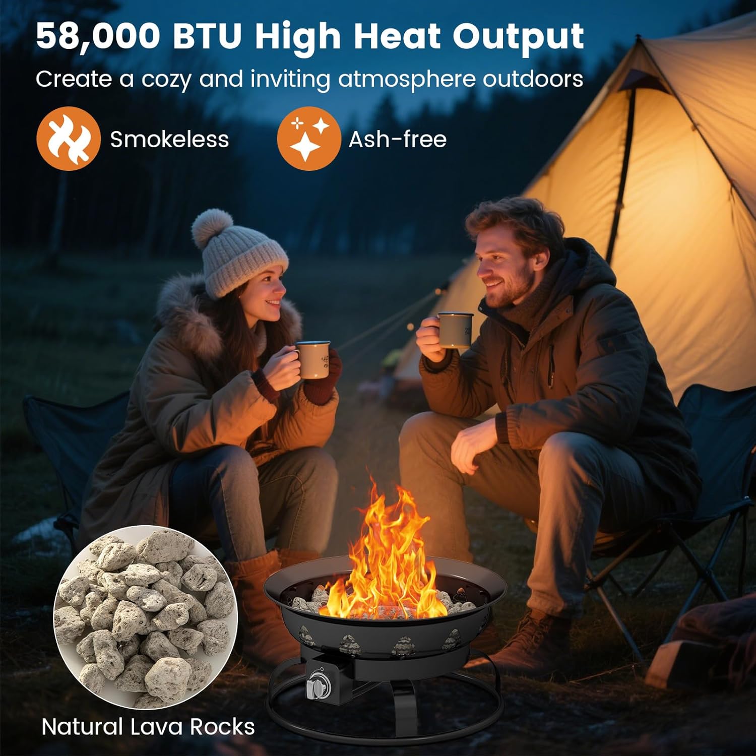 Giantex Portable Propane Fire Pit, 21 Inch Smokeless Fire Bowl with Cover, Natural Lava Rocks, Tank Holder, 58,000 BTU Round Outdoor Gas Firepit for Outside Camping, Patio, Yard