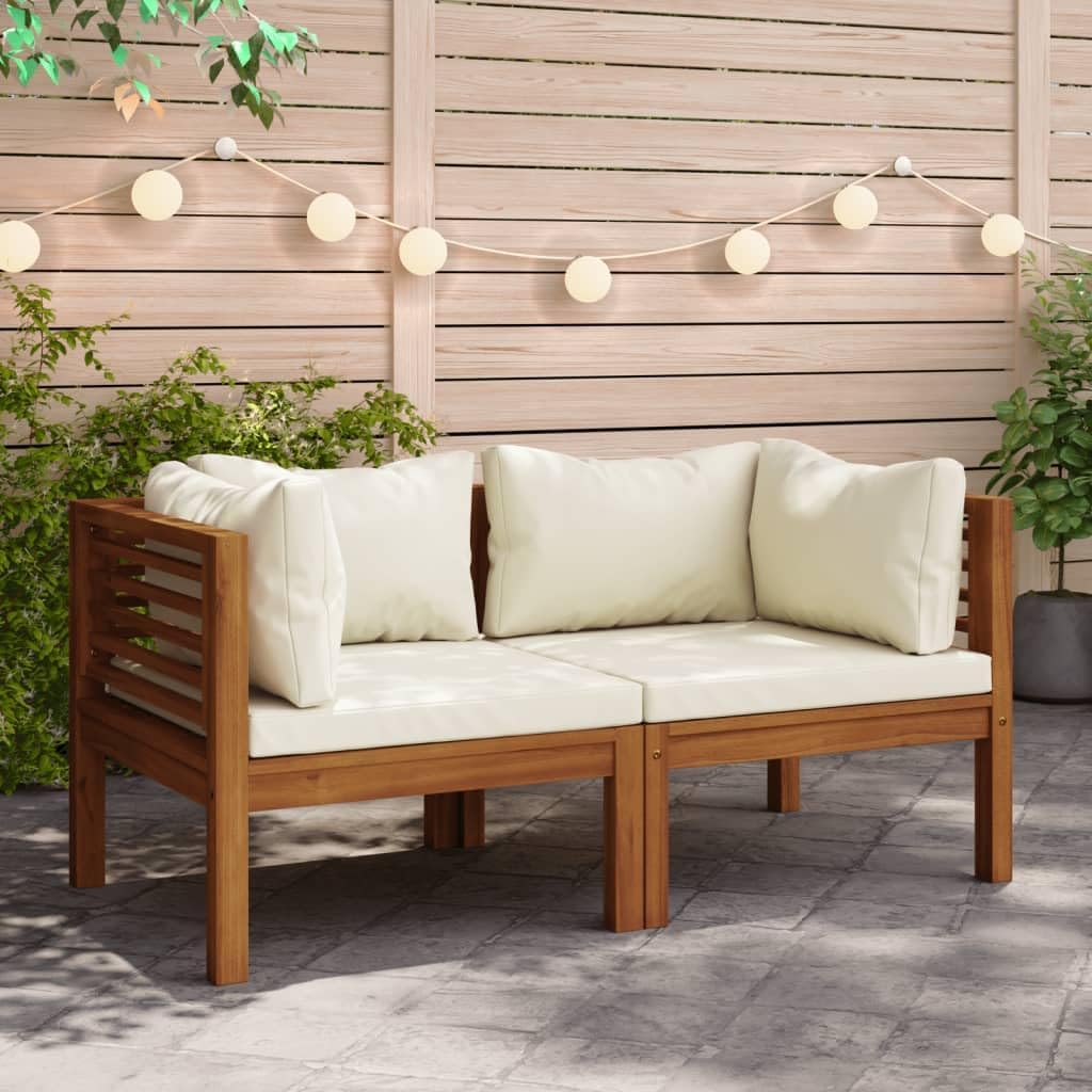 Corner Sofas 2 pcs with Cream White Cushions Solid Acacia Wood,Acacia Wood Corner Sectional Sofa with Cushions for Outdoor Patio Lounge Patio Furniture Sets, Conversation Sets