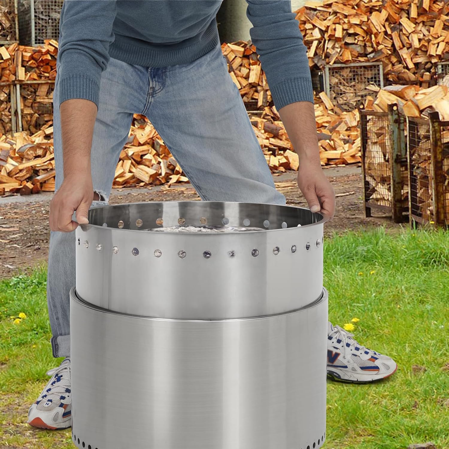 Smokeless Firepit 20.5Inch Portable Outdoor Fire Pit with Removable Ash Base, Stainless Steel Wood Burning Fireplace for Camping, Outside, Bonfire, Backyard and Patio