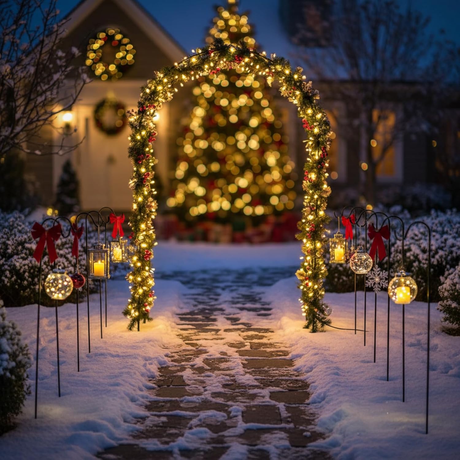 Lounsweer 7.8 ft H Metal Garden Arch Trellis for Climbing Plant Outdoor Garden Pergola Arbor with 12 Pack 31.4 Inch Shepherd Hooks for Hanging Christmas Lights, Lanterns, Wedding Christmas Party Decor