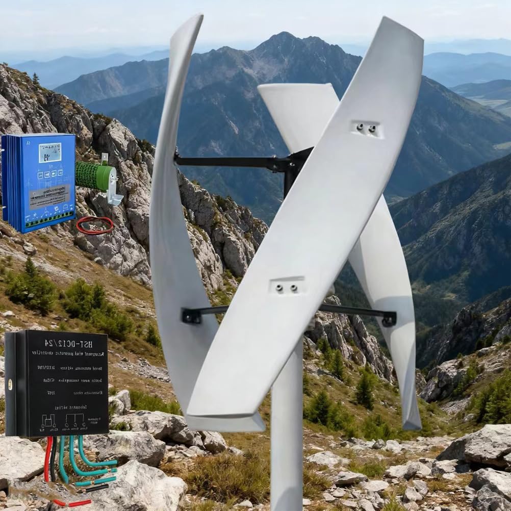 100W-3000W Quiet Vertical Wind Turbine Generator Kit, 12V/24V/48V/220V Low Noise Low Wind Speed Start Windmill Generator (White)