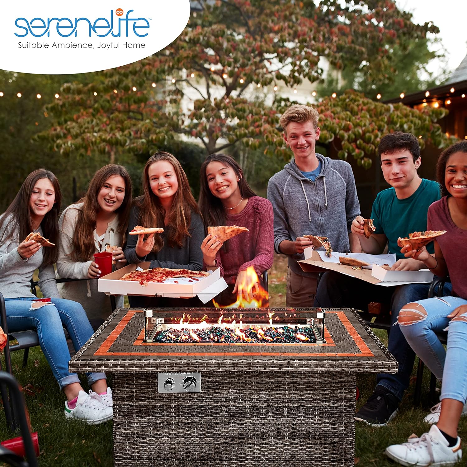 SerenelifeHome Outdoor Propane Fire Pit Table- 50,000 BTU Auto-Ignition Gas Fire Pit w/Glass Wind Guard, Mosaic Tabletop with PE Rattan Base
