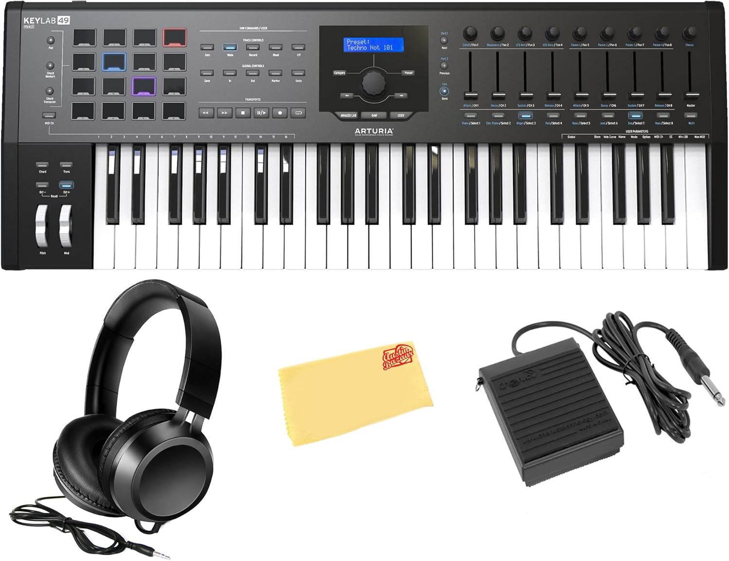 Arturia KeyLab 49 MkII MIDI Keyboard Controller - Black Bundle with Headphones, Sustain Pedal, and Austin Bazaar Polishing Cloth
