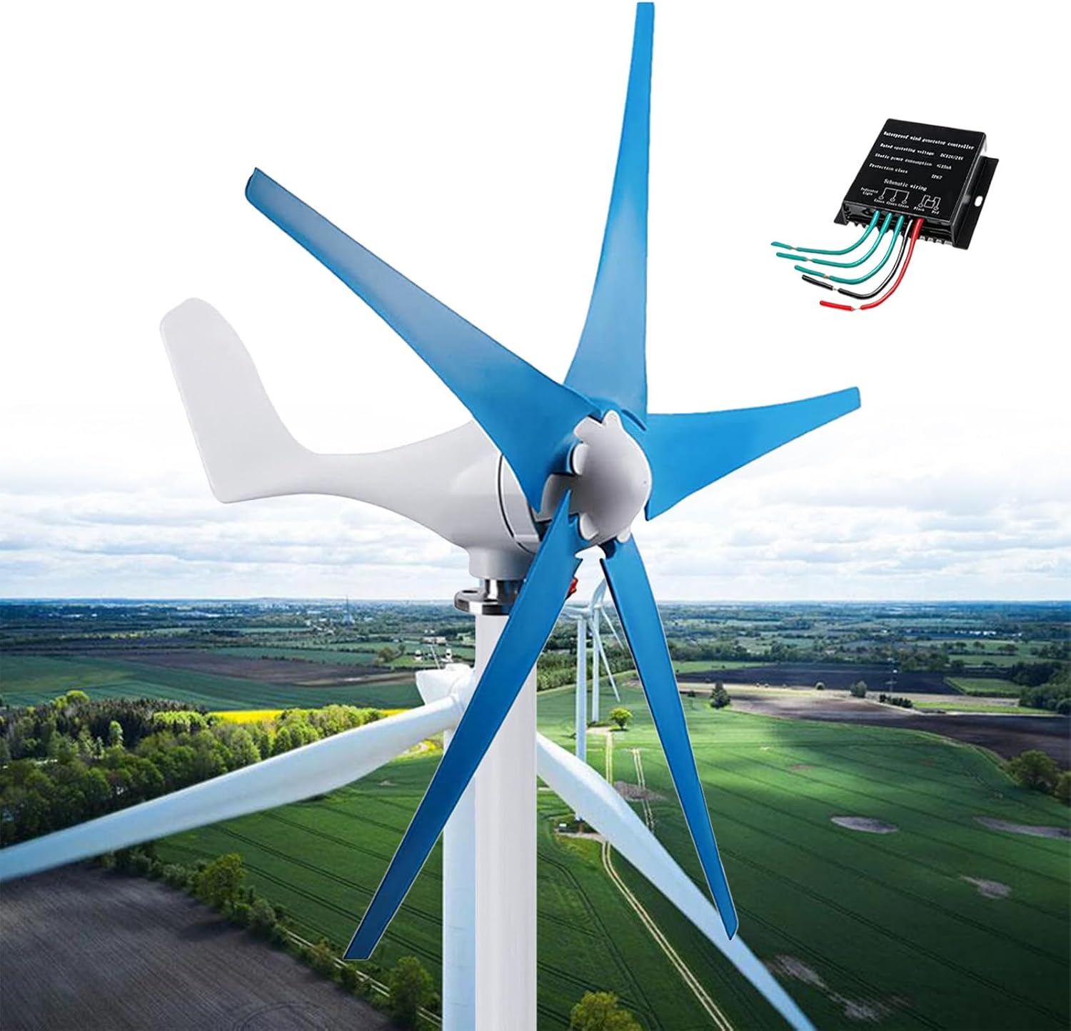 12000W Wind Turbine Generator, 12V/24V/48V Wind Turbine Kit, Wind Power Generator with MPPT Controller 5 Blades, Auto Adjust Windward Direction, for Terrace, Marine, Motor Home, Boat,Blue-24V