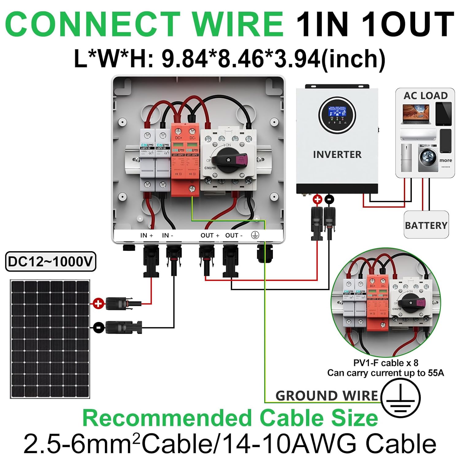 IP65 Solar PV Combiner Box DC1000V 32A Circuit Breaker with Surge Protector and 15A PV Fuses and 10pcs Fuse Link 15A 1000V DC, 1in 1out Disconnect Switch Outdoor Waterproof for Solar Panels System