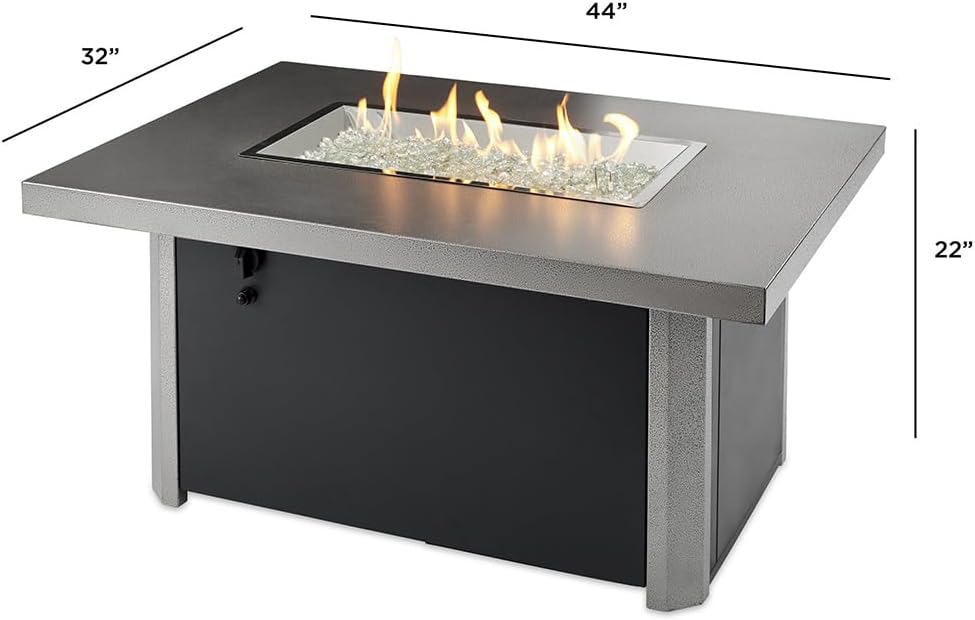 Outdoor GreatRoom Co Propane Fire Pit Table - Caden Gas Fire Pits for Outside Patio - 44 Inch Rectangular Galvanized Steel Firepit Fire Table with Clear Gems, 55,000 BTU