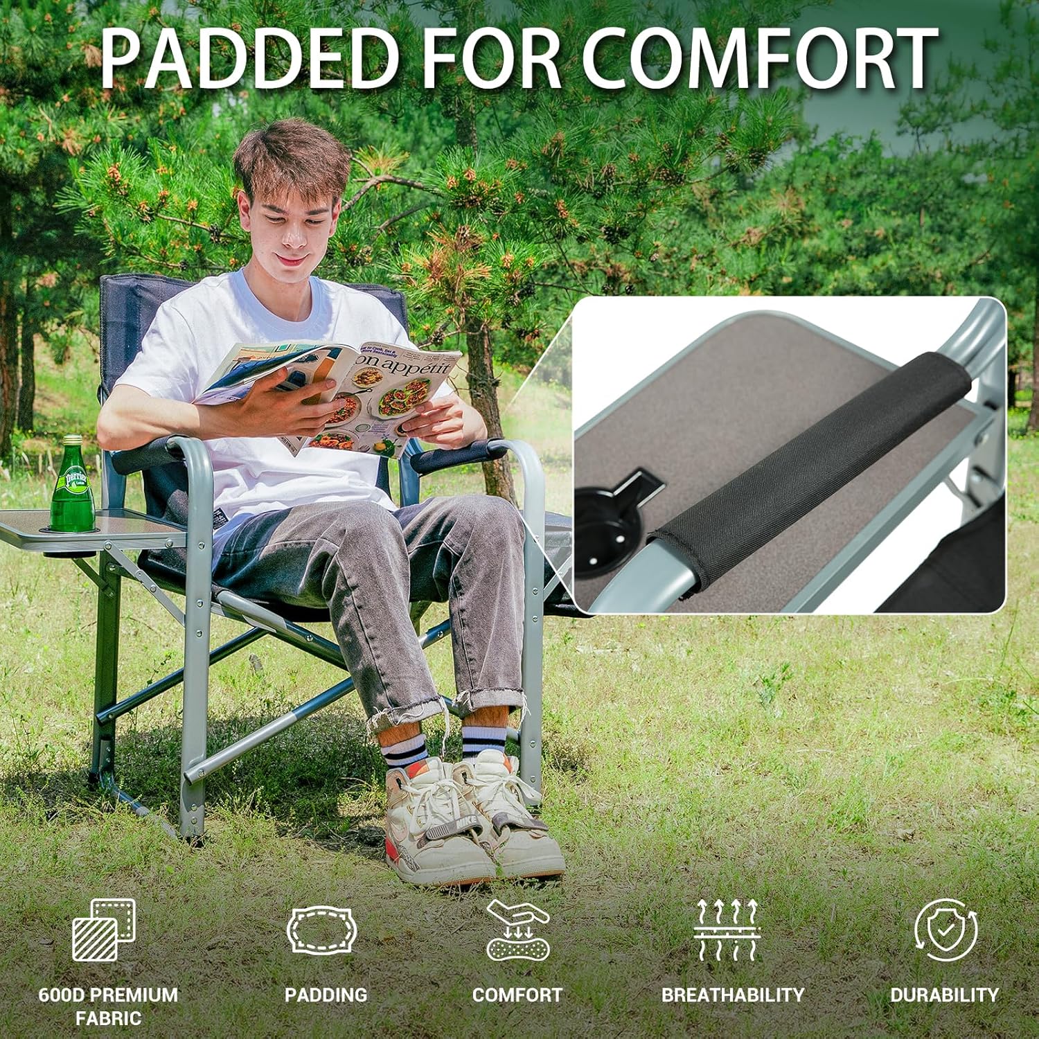 KingCamp XXL Oversized Directors Chair with Side Table, Heavy Duty Camping Chairs 600lbs with Cooler Bag, Portable Folding Camp Chair with Wide Seat for Camping Hiking Fishing Lawn Outdoor and Sports