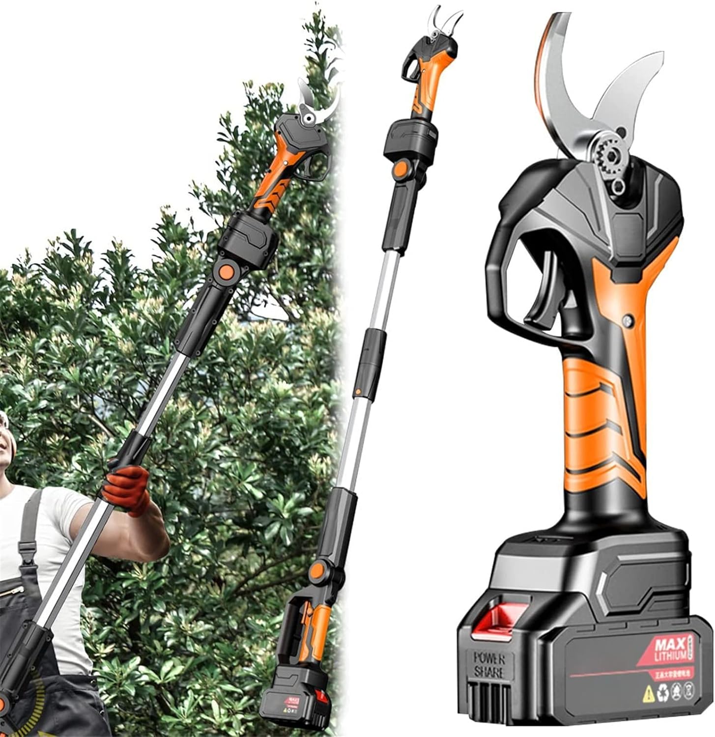 Professional Gardening Power Pruner with 2 Rechargeable Lithium Battery Cordless Electric Pruning Shear with Telescopic Pole Max Cutting Diameter 40Mm