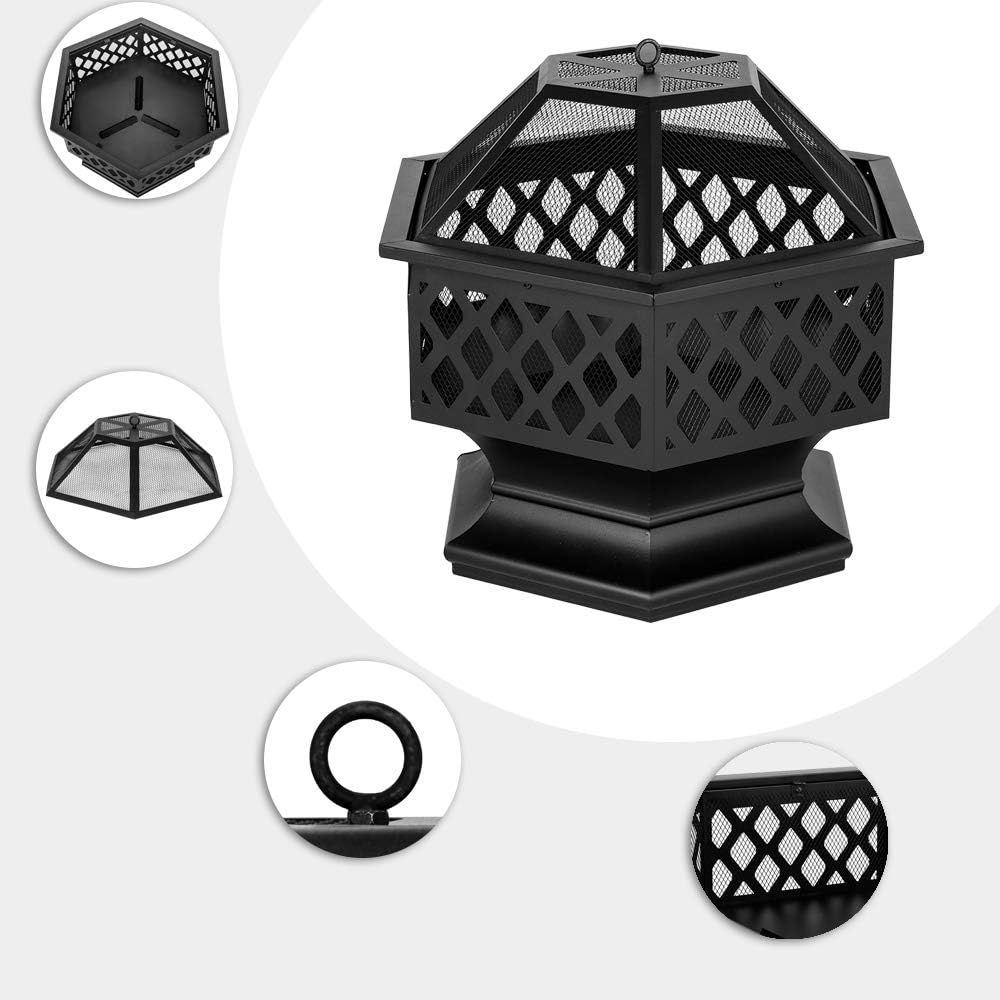 Outdoor Fire Pit Fireplace Portable Firepit Iron Brazier Wood Burning Coal Pit Fire Bowl Stove with Mesh Screen Lid Poker for Camping Patio Garden Backyard Beach Picnic (27.5