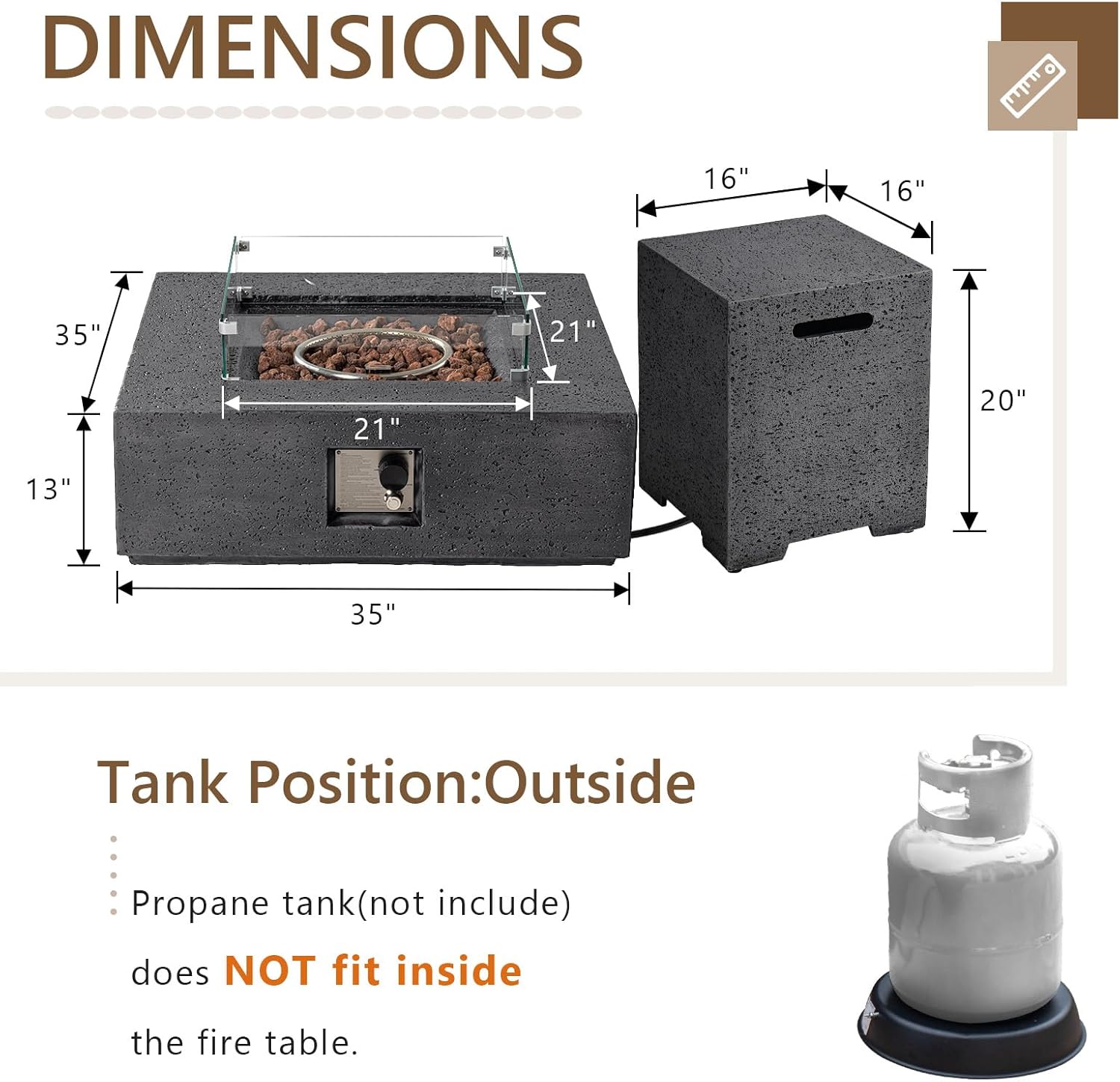 HOMPUS 35 inch Outdoor Propane Fire Pit & Outdoor Fireplaces, Coffee Table Square Faux Stone Base, 50000 BTU Stainless Steel Burner, Free Lava Rocks and Rain Cover, Wind Guard, Tank Cover, Gray