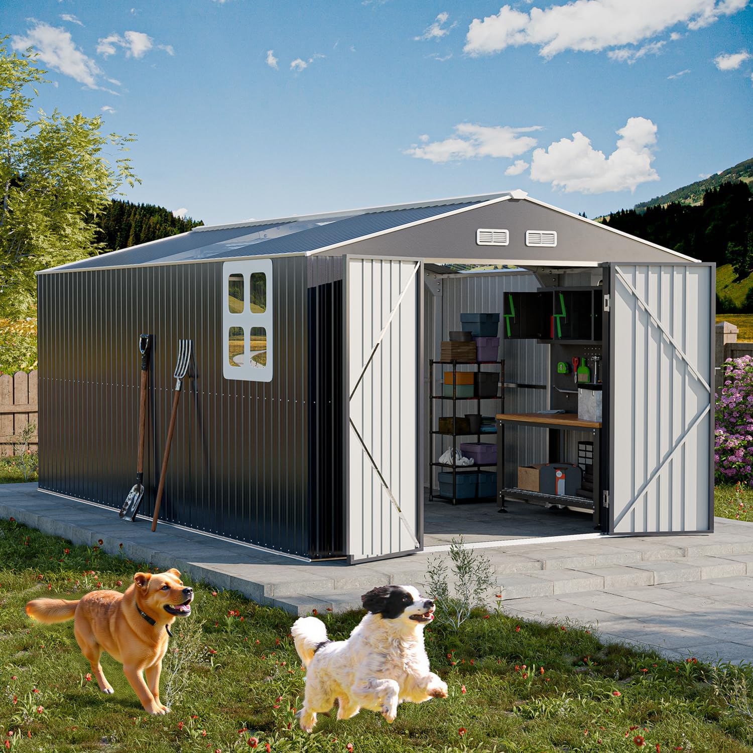 Restland 10x16 FT Outdoor Storage Shed Reinforced Frame Metal Shed with Clear Roof, Air Vent & Lockable Door Large Garden Tool Storage Sheds for Backyard, Garden, Lawn