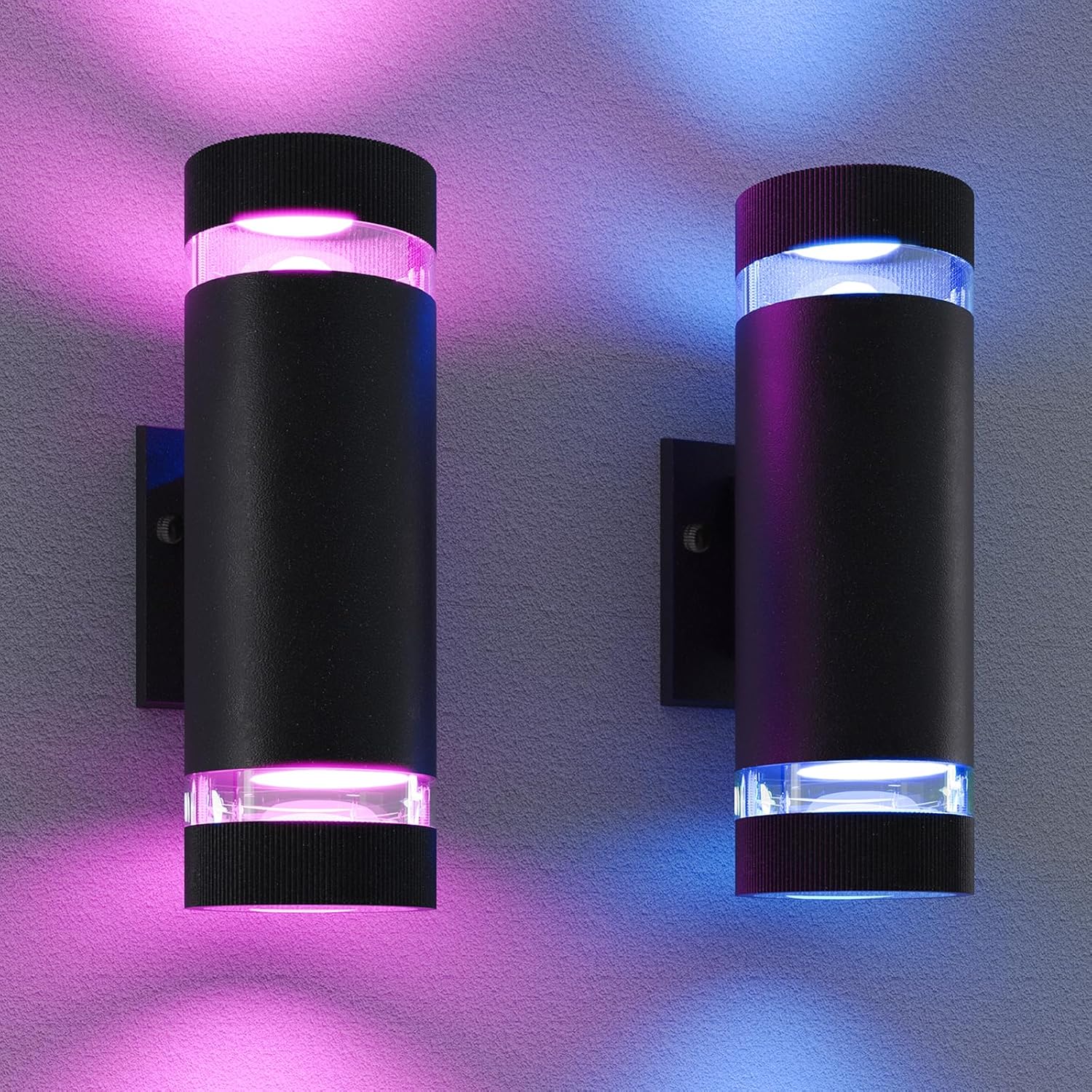 wowlite RGB Up and Down Lights Outdoor 2 Pack, Back Porch Lights Outdoor Wall Light Fixtures WiFi App Control, 2700k-6500k Cylinder Modern Wall Sconce Lights Color Changing LED Garage Light