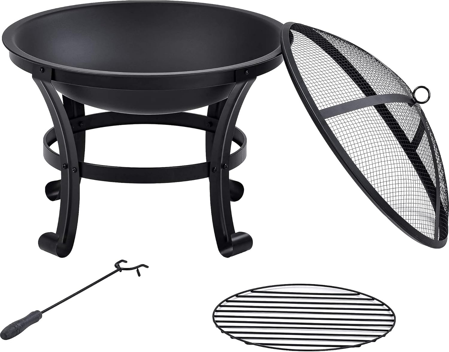 Outdoor Fire Pit,Metal Wood Burning Fire Bowl with Poker/Charcoal Grid/Mesh Cover,Garden Patio Heater Grill Camping Bonfire Dia: 56cm