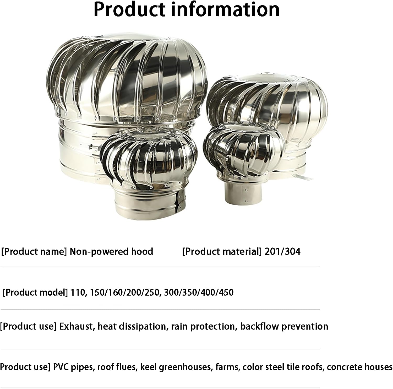 Turbine Ventilator - Rotary Stainless Steel Chimney Cowl, Vent Top Exhaust Cap Flue Pipe Cover (110-400mm) for Houses Factory Attic Farm (304 400mm)