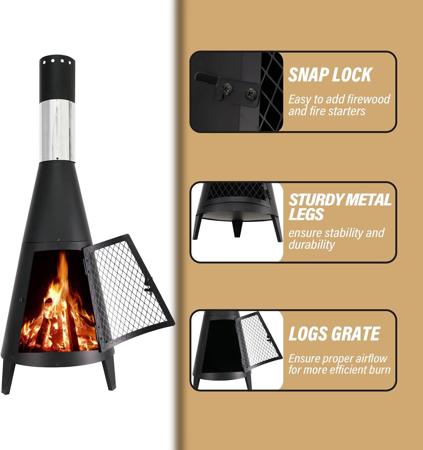 BDL Chiminea Outdoor Fireplace Outdoor Wood Burning Fire Pit Free Standing Fireplace with Log Grate, Mesh Screen for Patio, Backyard, Garden-Black