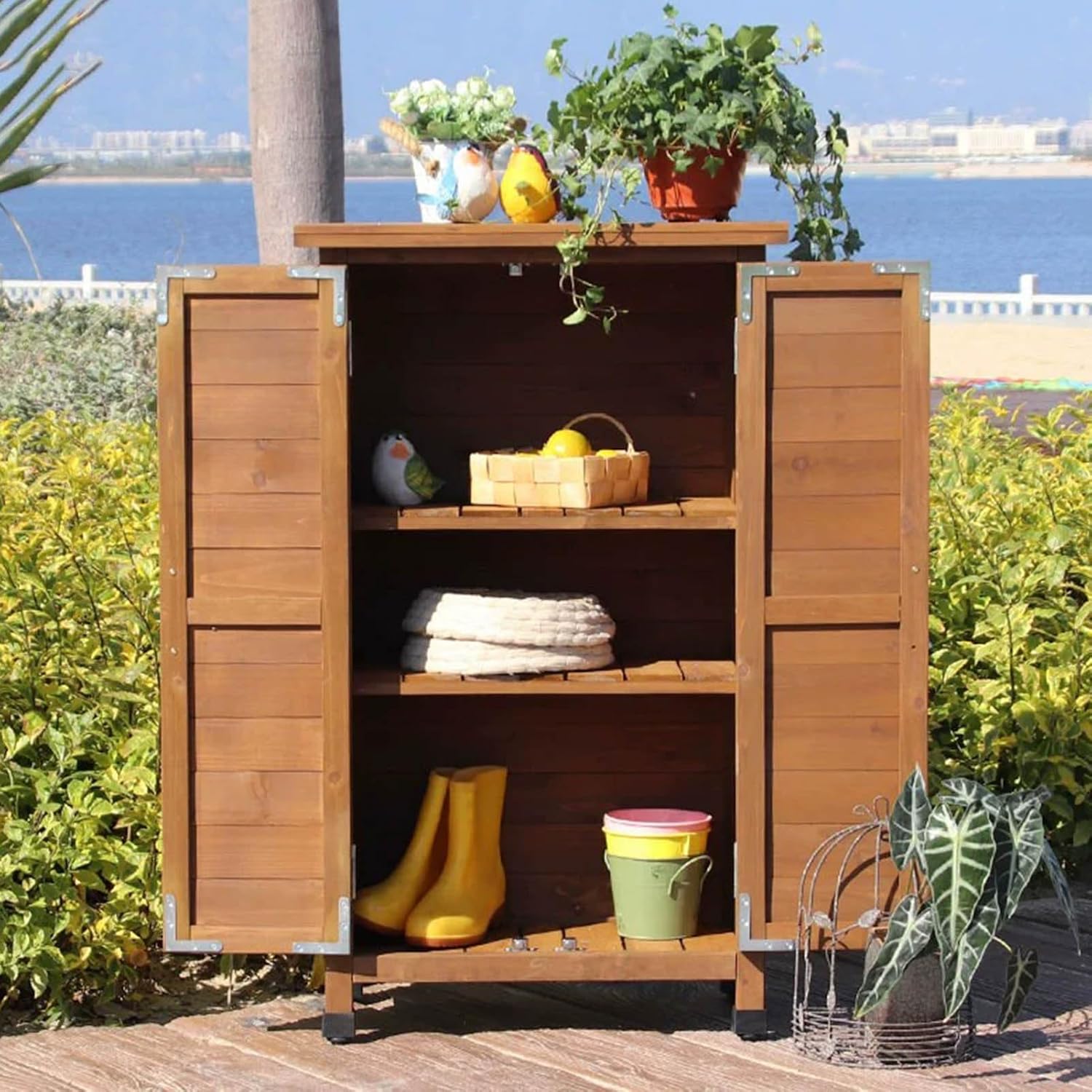 Outdoor Garden Patio Wooden Storage Cabinet, Weatherproof Potting Bench Table Yard Lawn Tool Shed,Backyard Furniture Wood Workstation, for Deck/Greenhouse/Balcony,Brown,L59*W34*H100CM