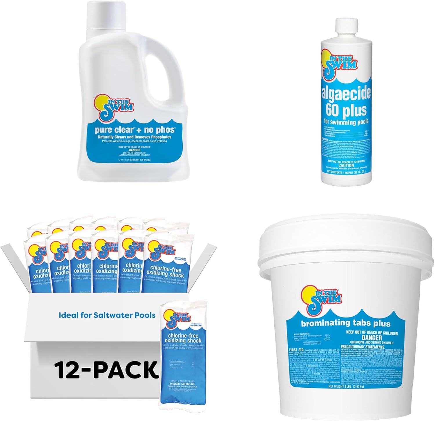 In The Swim Complete Bromine Pool Care Bundle – Bromine Tabs, Chlorine-Free Shock, No-Phos Clarifier & Algaecide 60 Plus - Starter