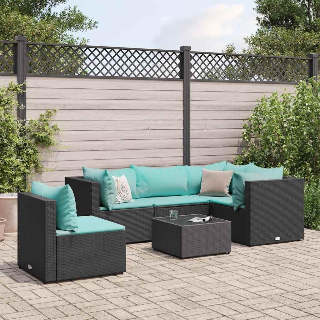 6 Piece Patio Lounge Set with Cushions Black Poly Rattan,Modern Outdoor Lounge Set: Comfort and Style for Your Backyard Patio Furniture Sets, Outdoor Furniture Sets