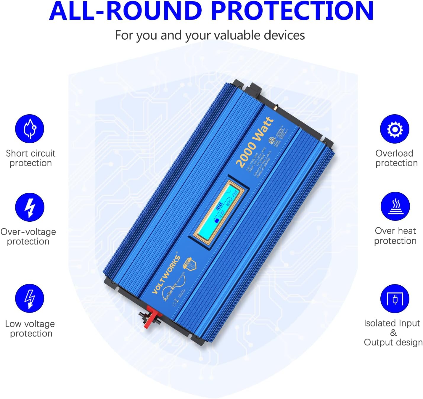 2000Watt Pure Sine Wave Power Inverter 12V DC to 110V 120V AC ETL UL458 Compatible with Lithium Battery Starlink for Off-Grid Solar RV Home Truck with 2.4A USB Ports & 1AC Terminal Block by VOLTWORKS