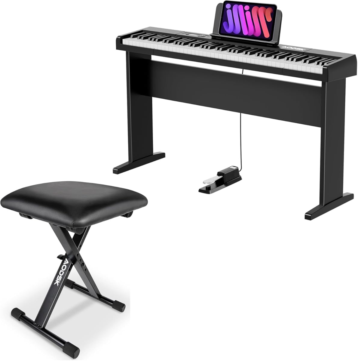 AODSK 88 Key keyboard piano, Portable Digital Piano with Wooden stand Set+AODSK Keyboard Bench X-Style Cushion Padded