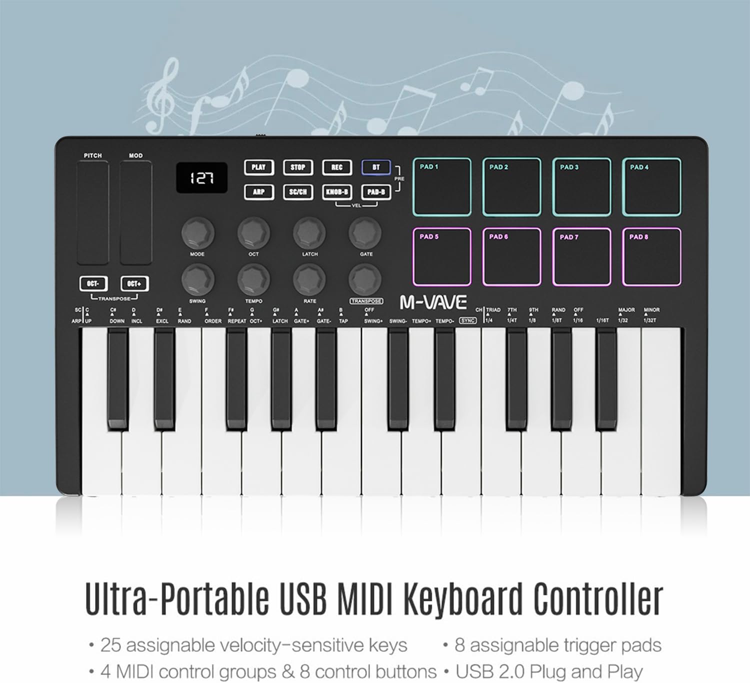 M-VAVE 25 Key USB MIDI Keyboard Controller With 8 Backlit Drum Pads,Piano Keyboard Wireless Semi Weighted Professional Dynamic Keybed 8 Knobs,Software Included