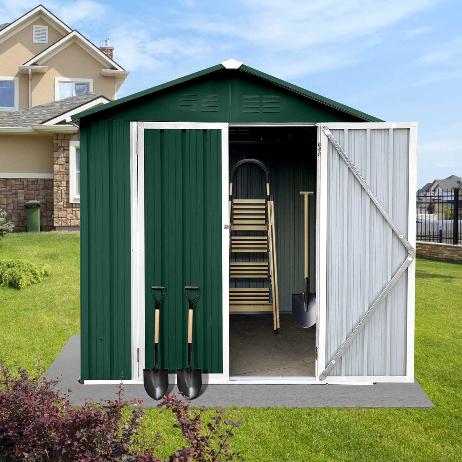73” Outdoor Storage Cabinet with Lockable Door, 4FTx6FT Metal Storage Shed for Patio Garden, Apex Roof, Easy Assembly (Green)