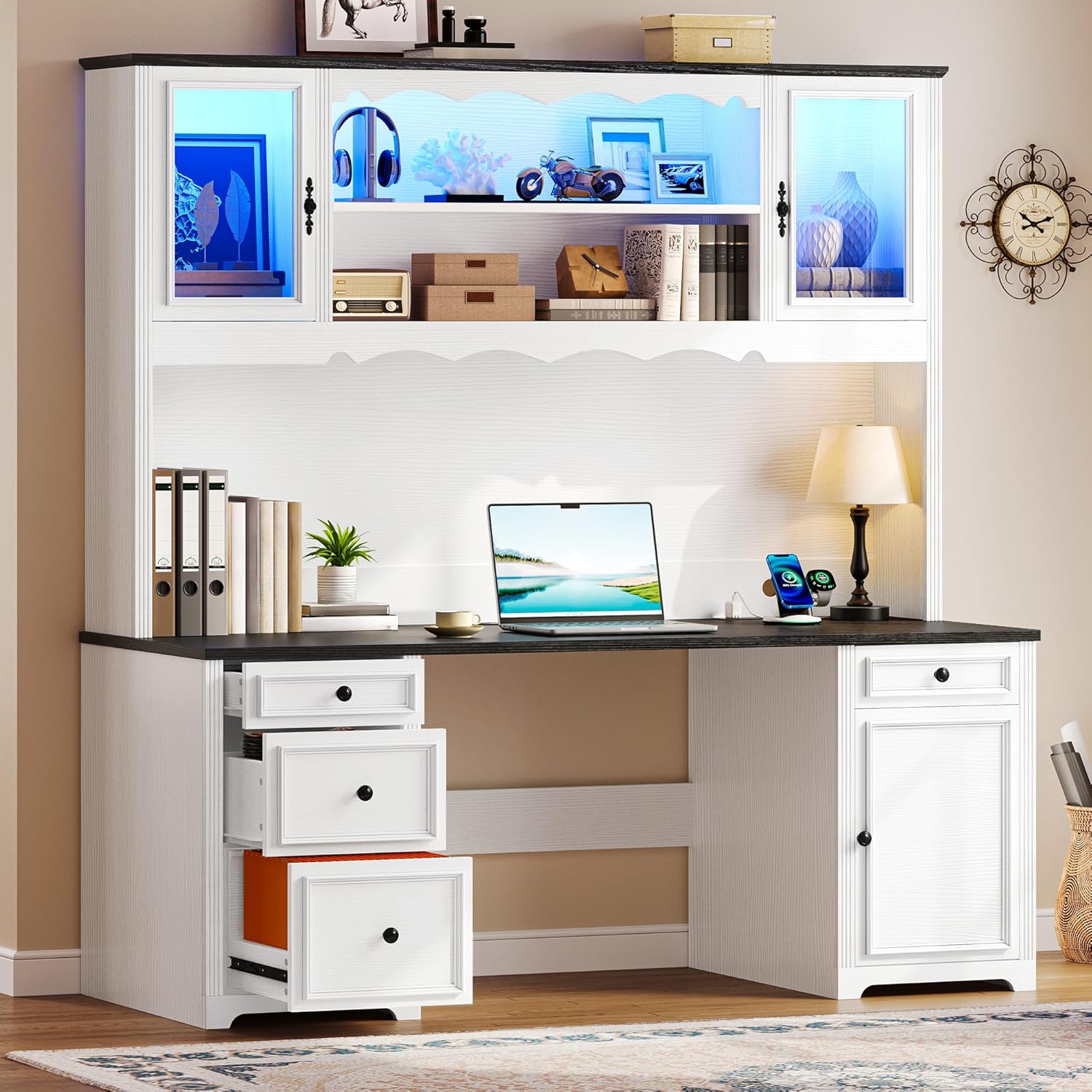 YITAHOME Executive Desk with Hutch and Drawers, Farmhouse Computer Desk with Power Outlet & LED Lights, Home Office Desks with Storage Shelves, Storage Cabinet with Glass Door, White & Black
