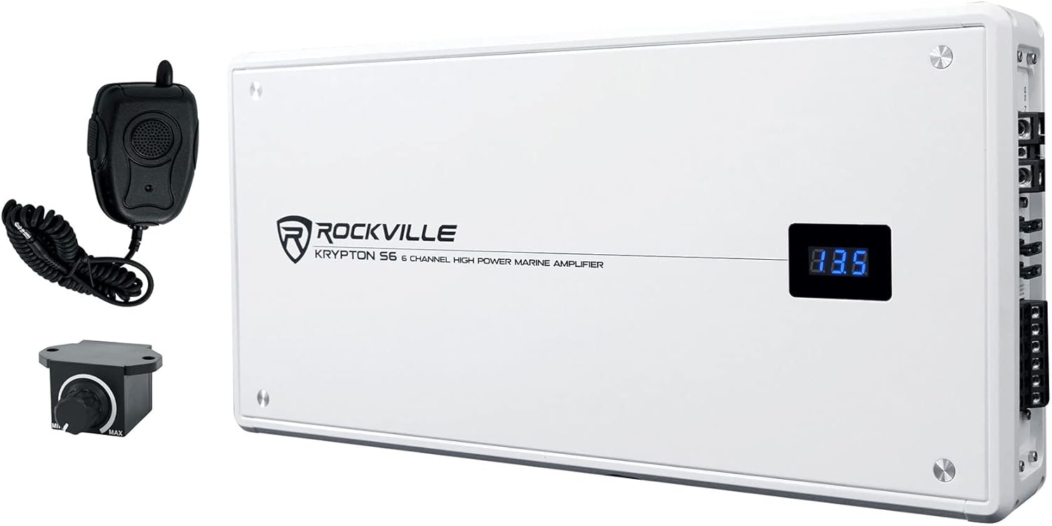 Rockville Krypton S6 2600W 6-Channel Marine/Boat Amplifier, Dyno-Certified RMS, PA Mic Included, Conformal Coated PCB, Adjustable Crossover, for Boat Audio Systems