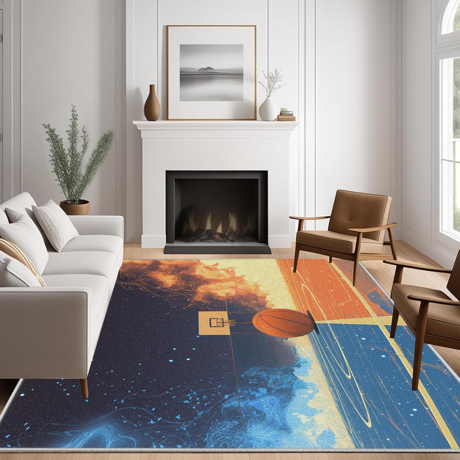 Court Basketball Rug & Home Decor, Fire and Water Washable Rug 8x10, Sports Flame Rugs for Living Room Bedroom - Non Slip Soft Indoor Large Area Rug, Carpet Kitchen Room Decor
