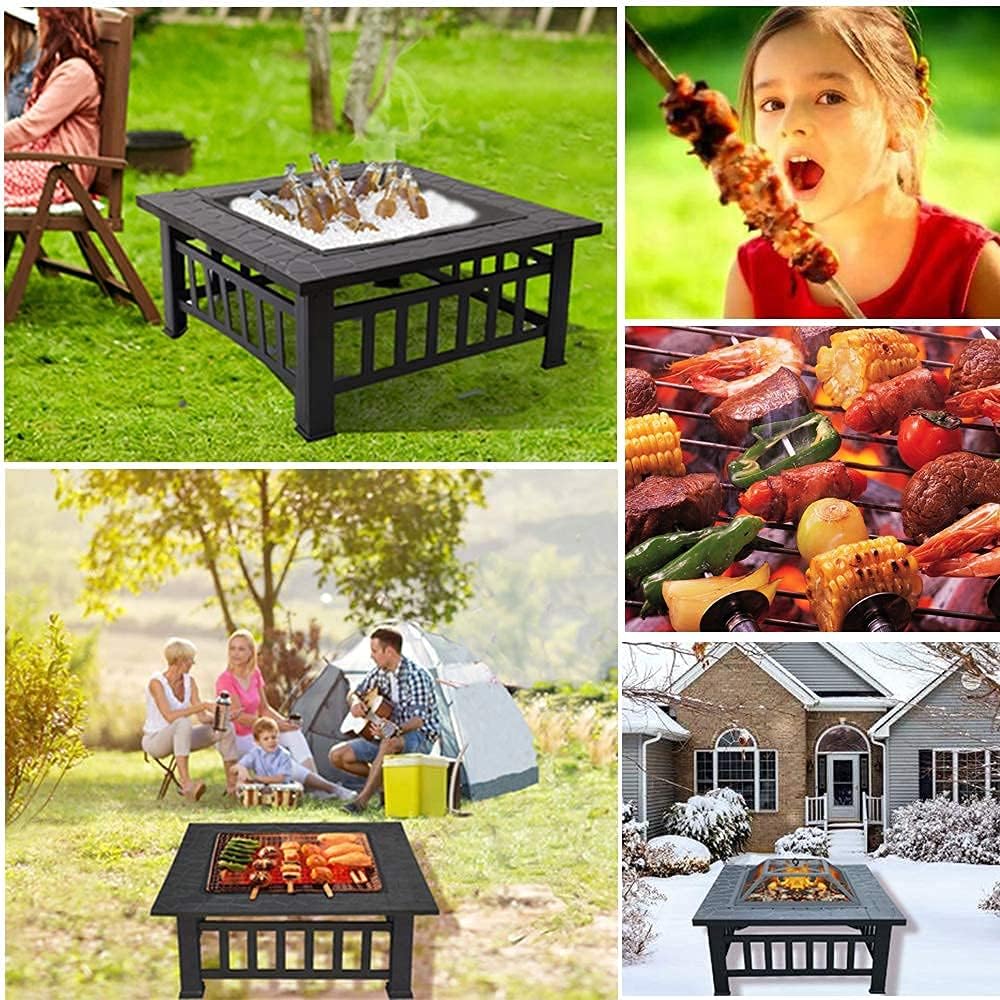 3 in 1 Outdoor Party BBQ Fire Pit with Grill Shelf for Garden Patio, Outdoor Metal Brazier Square Table Heater//Ice Pit Grill Barbecue Rack,