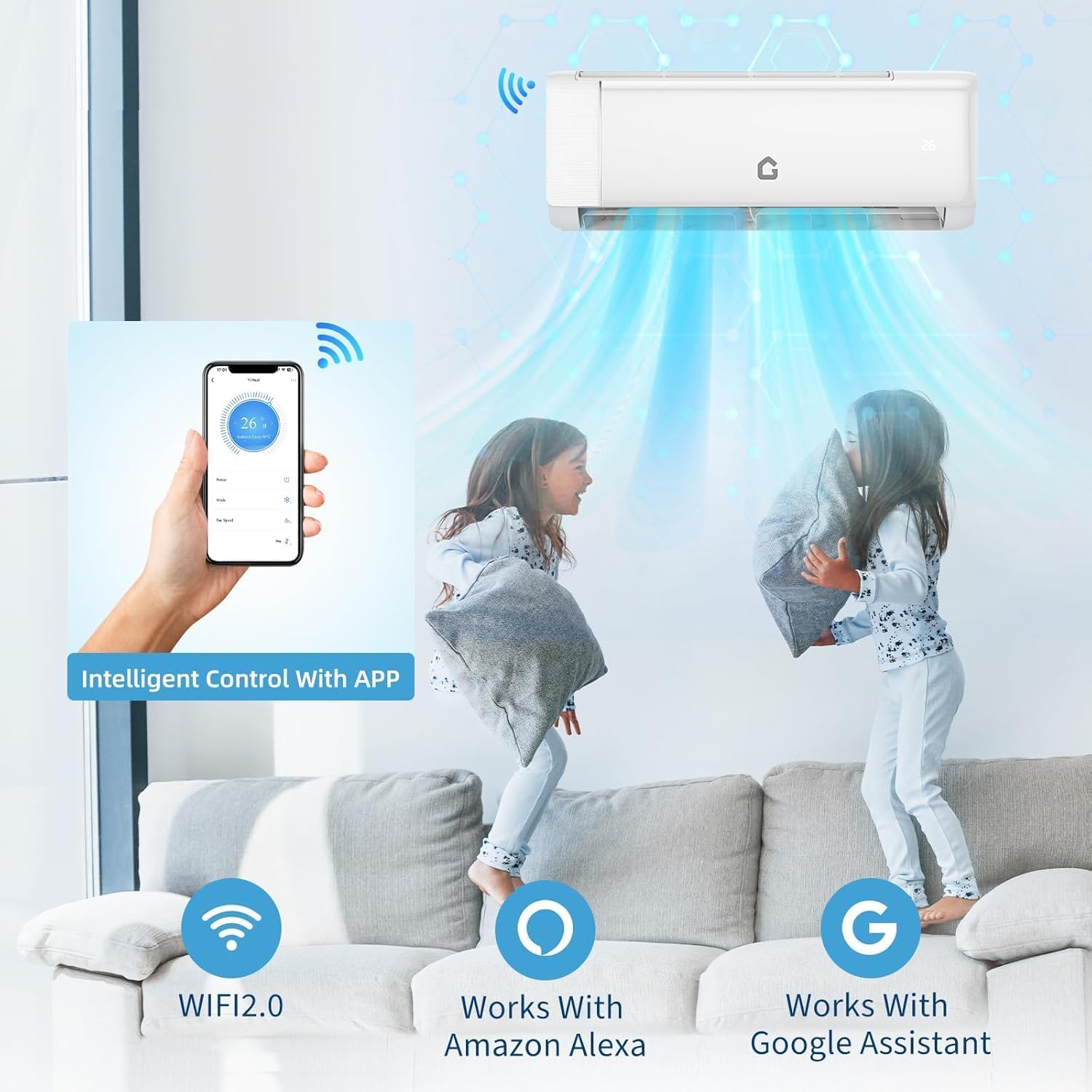 17000 BTU Wifi Mini Split AC, 21 SEER2 208V-230V Ductless Inverter Split-System Air Conditioners, Cools Rooms up to 1250 Sq.Ft, Display On/Of, 4 Fan Speeds, Sleep Mode, Self-Cleaning, 24H Timer