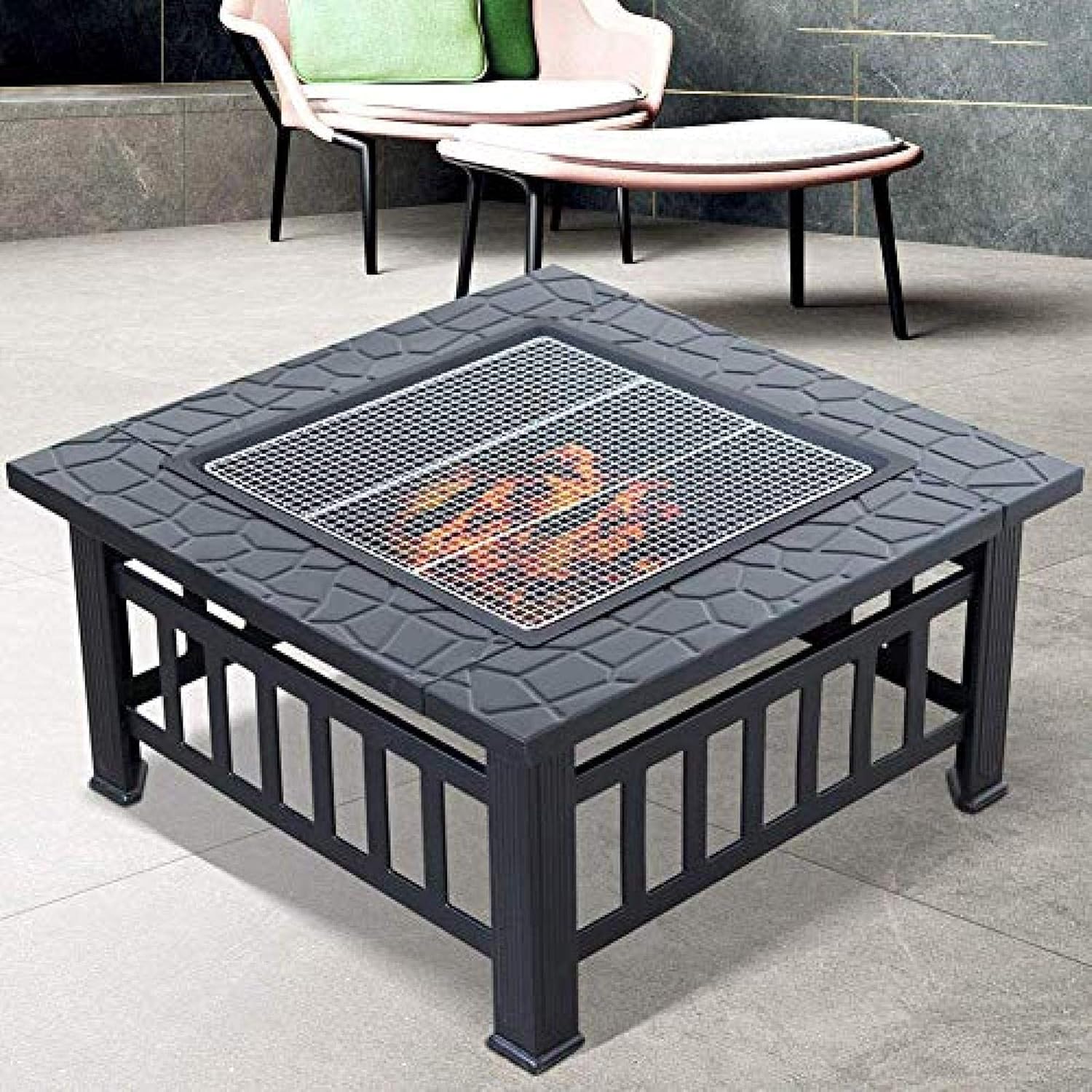 Fire Pit BBQ Grill Fire Bowl Square Metal Backyard Patio Garden Outdoor Pit Outdoor Garden Pit 32 Inch