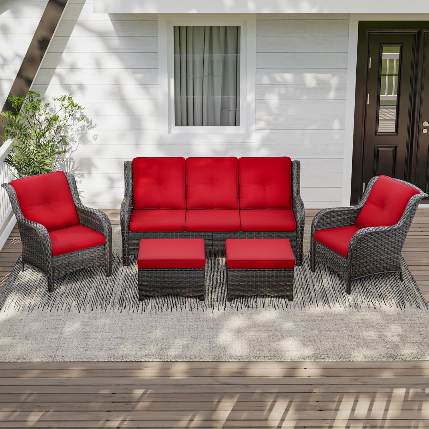 Patio Conversation Set 5-PCS Wicker Outdoor Furniture Conversation Set with 3-Seat Sofa, 2 Armchair, 2 Ottoman Patio Rattan Wicker Sectional Sofa Set with Olefin Cushion, Red