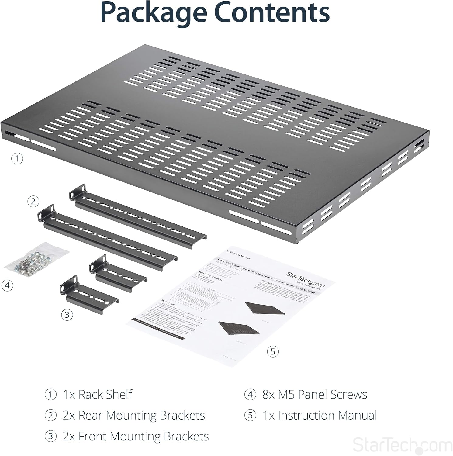 StarTech.com 1U 4-Post Adjustable Vented Server Rack Mount Shelf - 330lbs(150 kg) - 19.5 to 38in Adjustable Mounting Depth Universal Tray 19