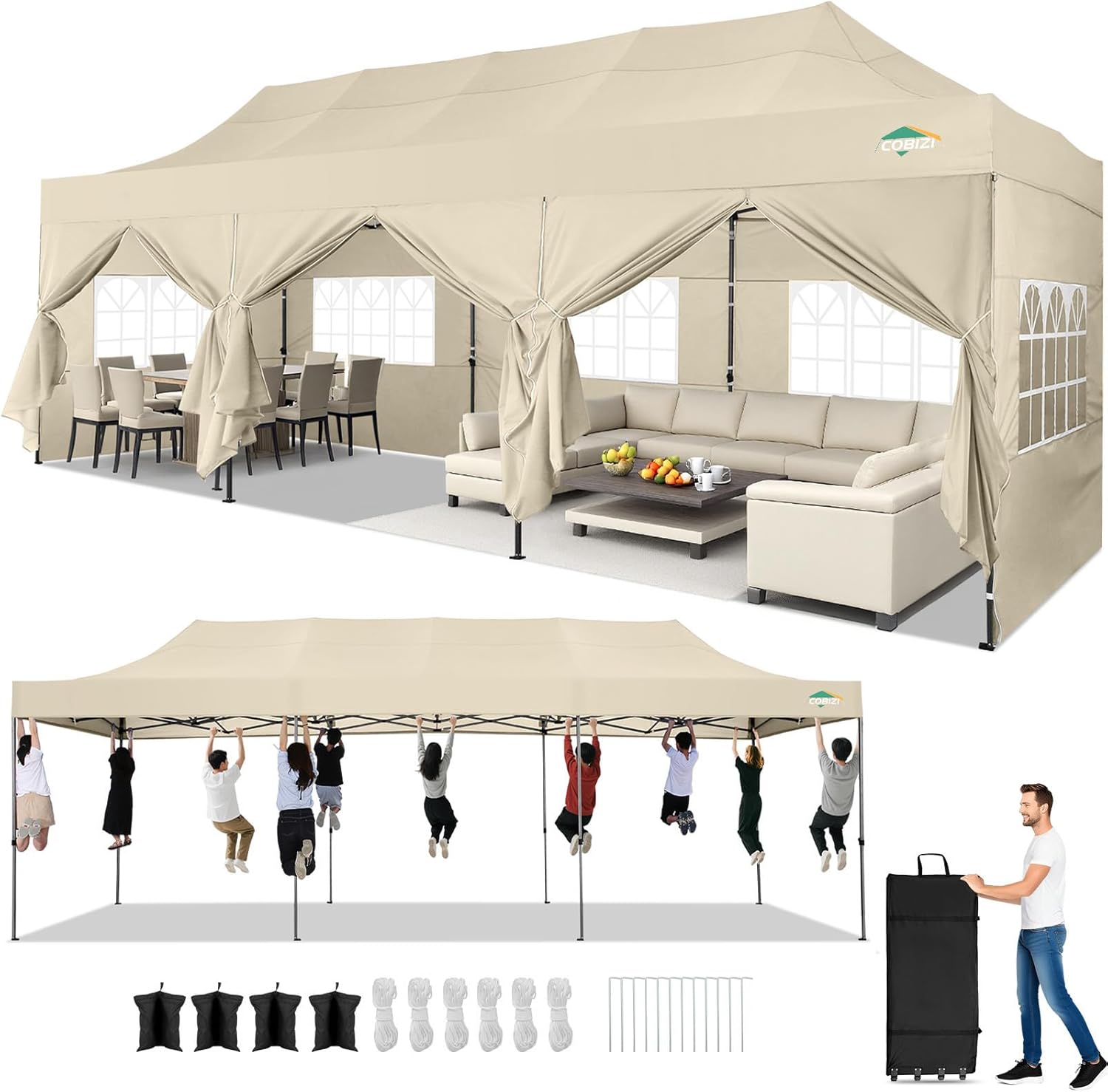 COBIZI 10x30 Heavy Duty Pop Up Canopy Tent with 8 Sidewalls, All Season Wind Waterproof Outdoor Party Tents for Parties Commercial Wedding Canopy Gazebo with Roller Bag, Khaki