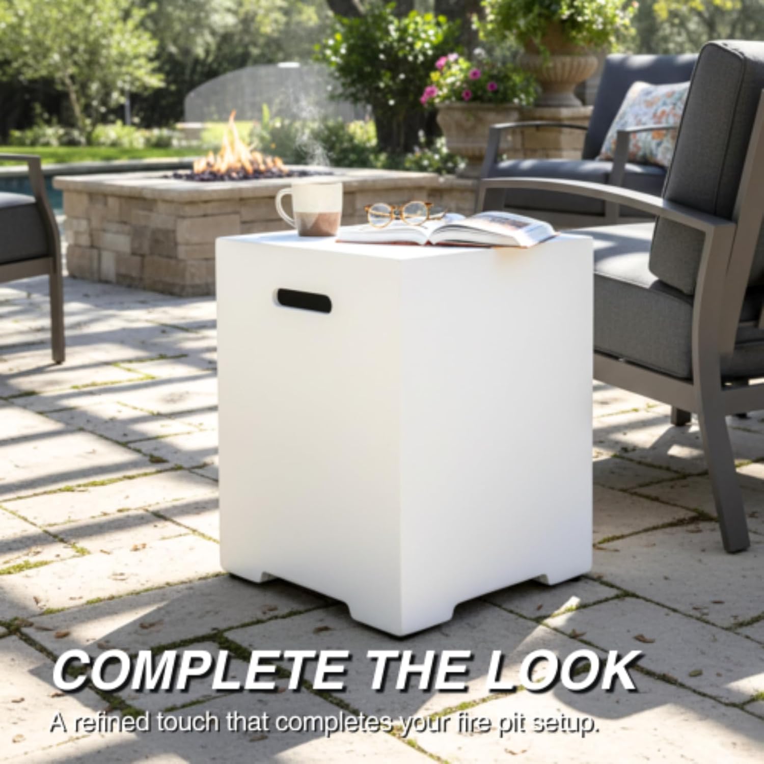 Propane Tank Cover 16 Inch, 20 LB Outdoor Tank Storage Hideaway Table for Gas Fire Pits, Concrete Tank Holder, Side Table, White