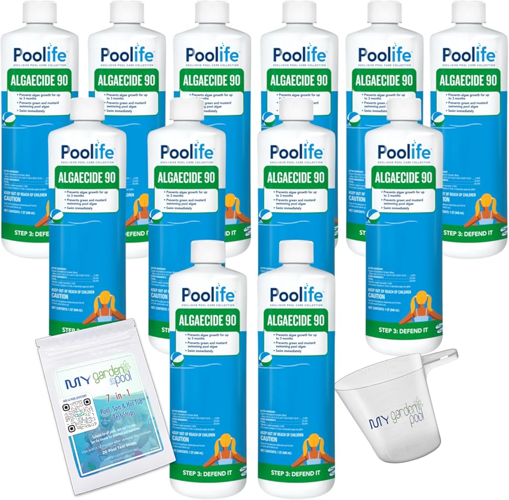 Poolife Algaecide 90 – Long-Lasting Copper Pool Algaecide for Green, Black & Mustard Algae – 90-Day Protection – Includes 7-in-1 Test Strips, Measuring Cup & Pool-IQ AI Assistant 12 Pack