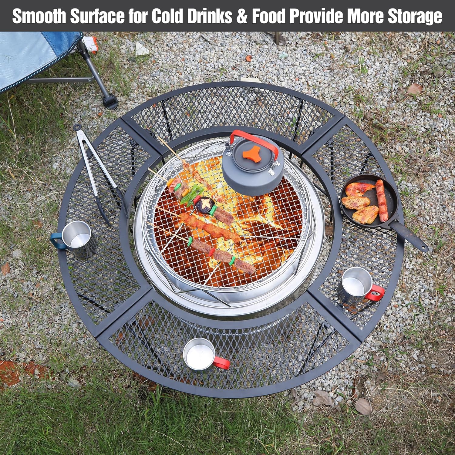 Lineslife Portable Fire Pit Surround Tabletop for Solo Stove Bonfire Ranger, Folding Iron Smokeless Round Fire Pit Table with 21