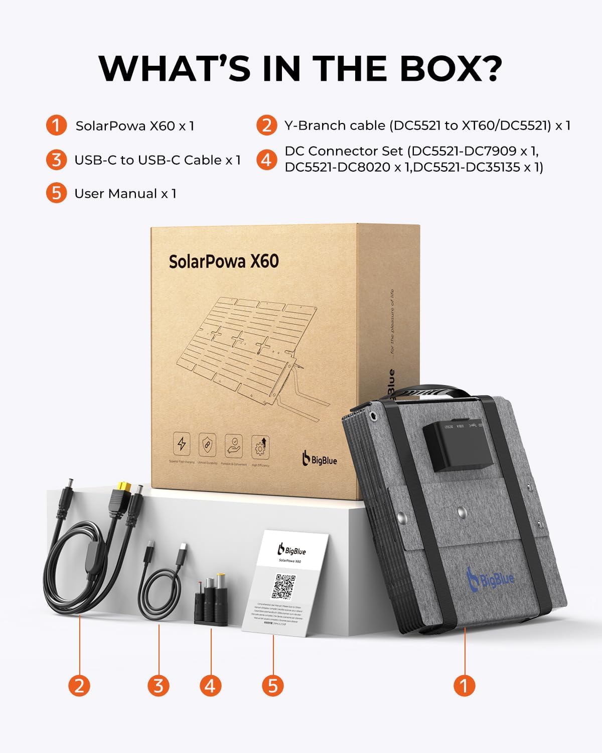 BigBlue 60W Portable Compact Solar Panel with PD 45W USB-C, 20W USB-A, DC Ports for Power Stations, Cellphones, Power Banks, Tablets, IP68 Waterproof, Foldable Camping Solar Charger with Kickstand